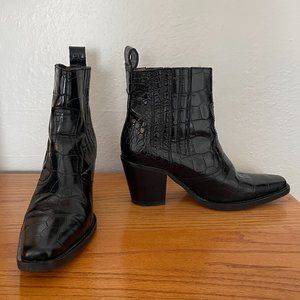GANNI Black Western Leather Croc Embossed Callie Ankle Boots 39
